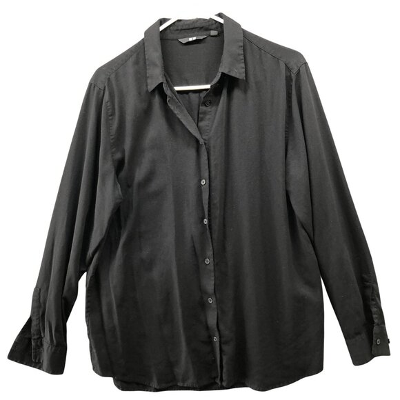 Uniqlo Tops - Uniqlo Rayon Blouse Womens L Black Long Sleeve Button Up Lightweight